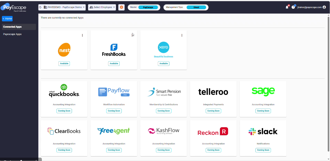 PayEscape lets you integrate with a wide range of workplace management and accounting platforms, like Slack and Sage. Source: PayEscape