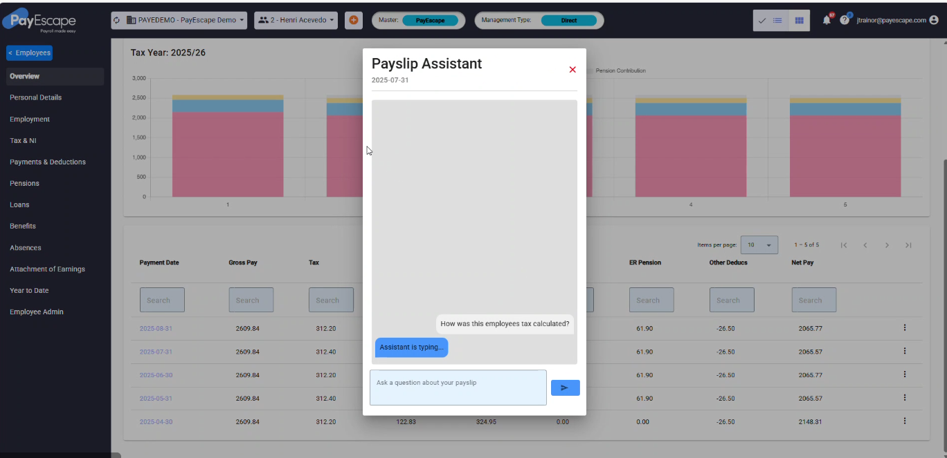 Working alongside the MyPayescape self-service mobile app, Payescape's AI assistant, PayAssist, gives both employees and employers instant, accurate answers regarding their pay and deductions. Source: PayEscape