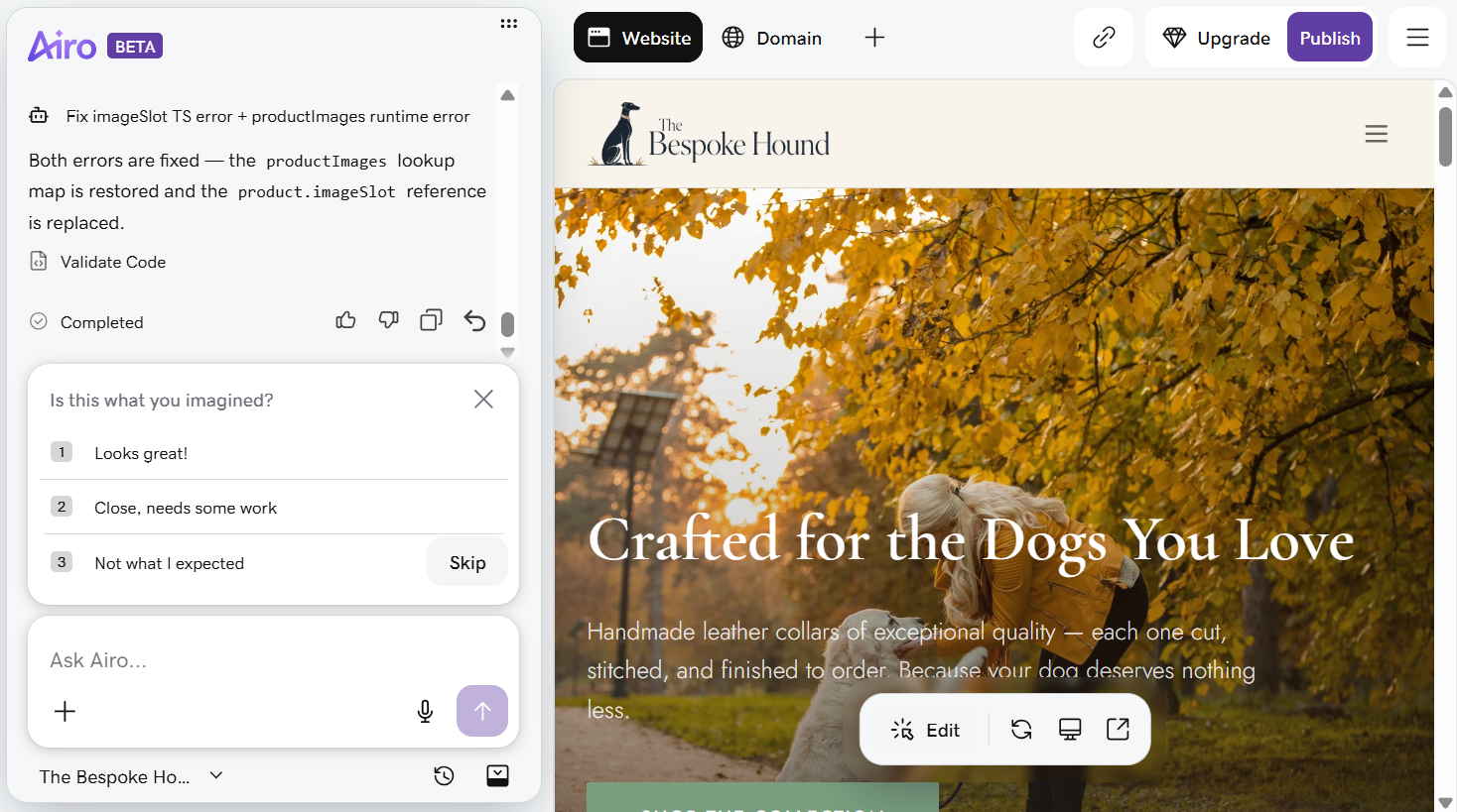 GoDaddy Airo AI Builder site preview with AI chat in sidebar