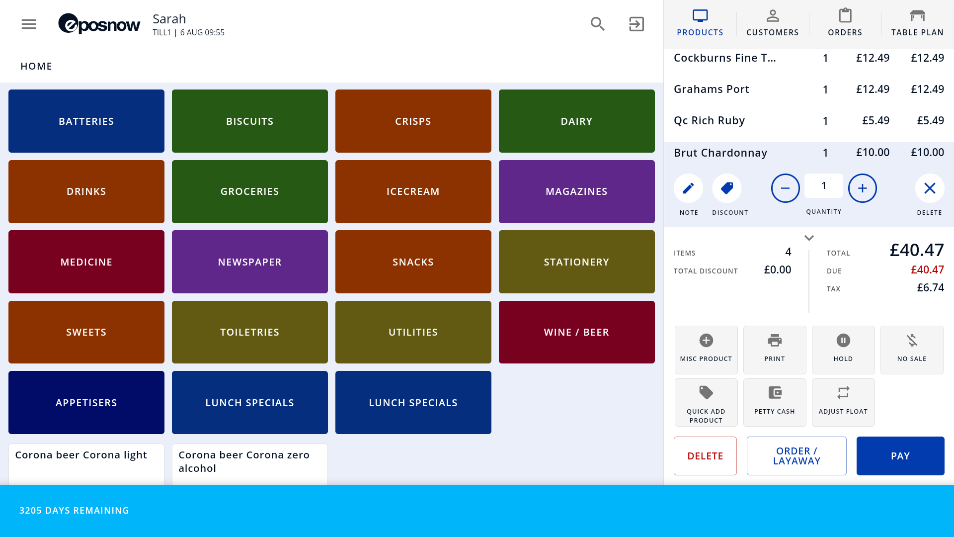 Epos Now item selection screen within the till function.